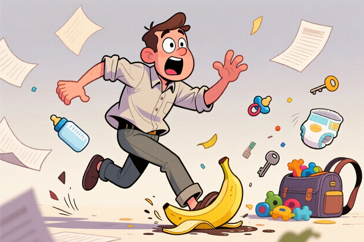 A funny expressive moment showing a new dad slipping comically on a banana peel mid-stride, as papers and belongings scatter everywhere.
