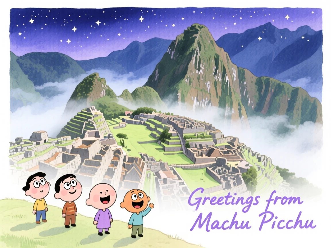A dreamy travel postcard scene of Machu Picchu wrapped in morning mist under a starry night sky