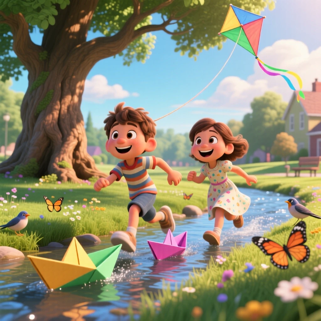 Two children racing paper boats down a stream takes place at a neighborhood park with a big old oak tree, with a kite string trailing off into the sky. The scene bursts with childhood wonder and delight.