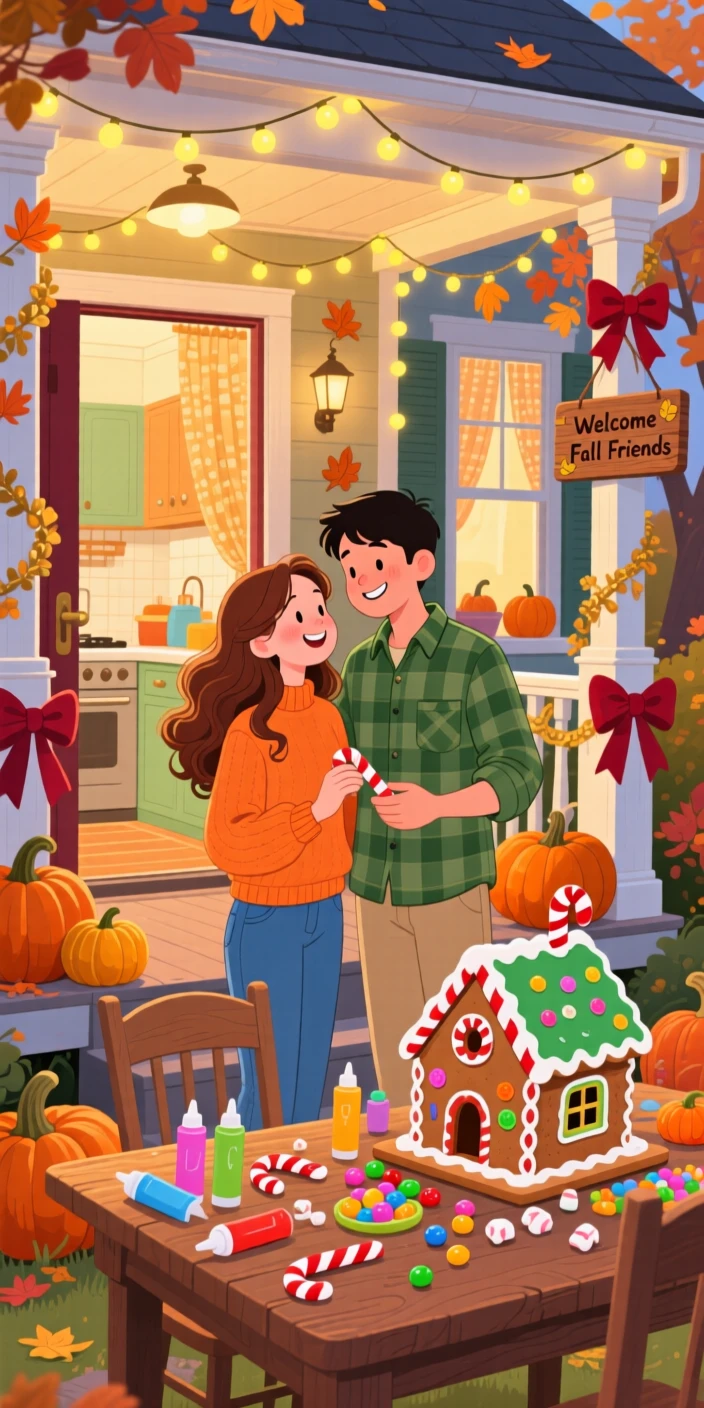A young couple gather in a pumpkin-lined front porch, decorating gingerbread houses at the kitchen table, while ribbons and bows decorate every corner.