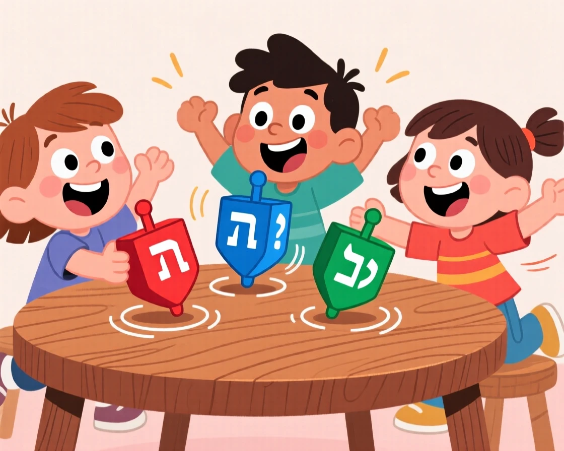 Children spinning dreidels together on a wooden table.