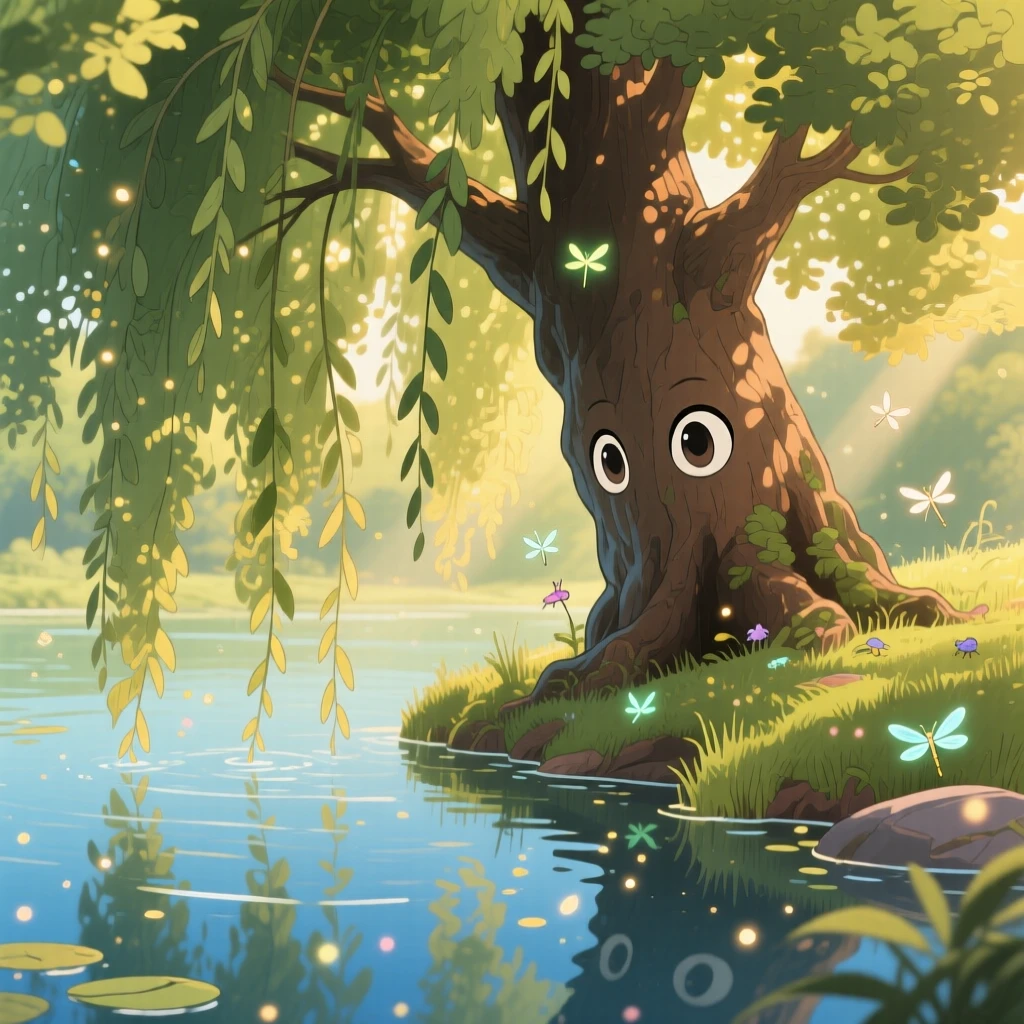 A willow tree draping its branches over a quiet pond, shafts of light breaking through the leaves overhead, creating a scene of quiet natural magic.