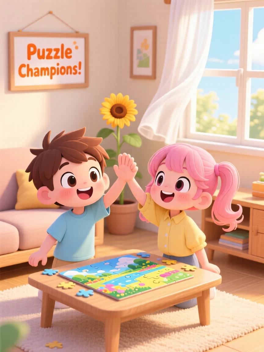 Two friends high-fiving after finishing a puzzle in a cozy living room during a light summer breeze; bright midday sun washes over the scene as delighted joy fills the moment. Waist-up portrait.