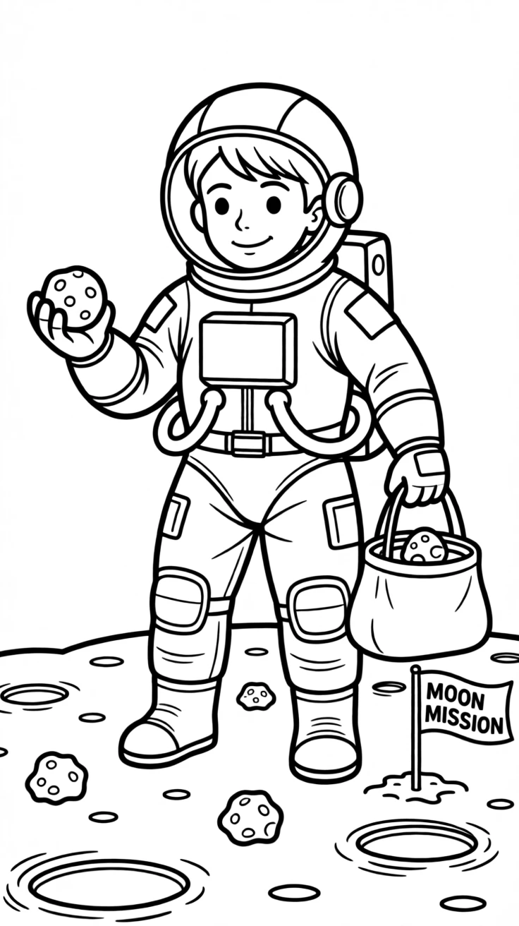 An astronaut collecting moon rocks in a special bag