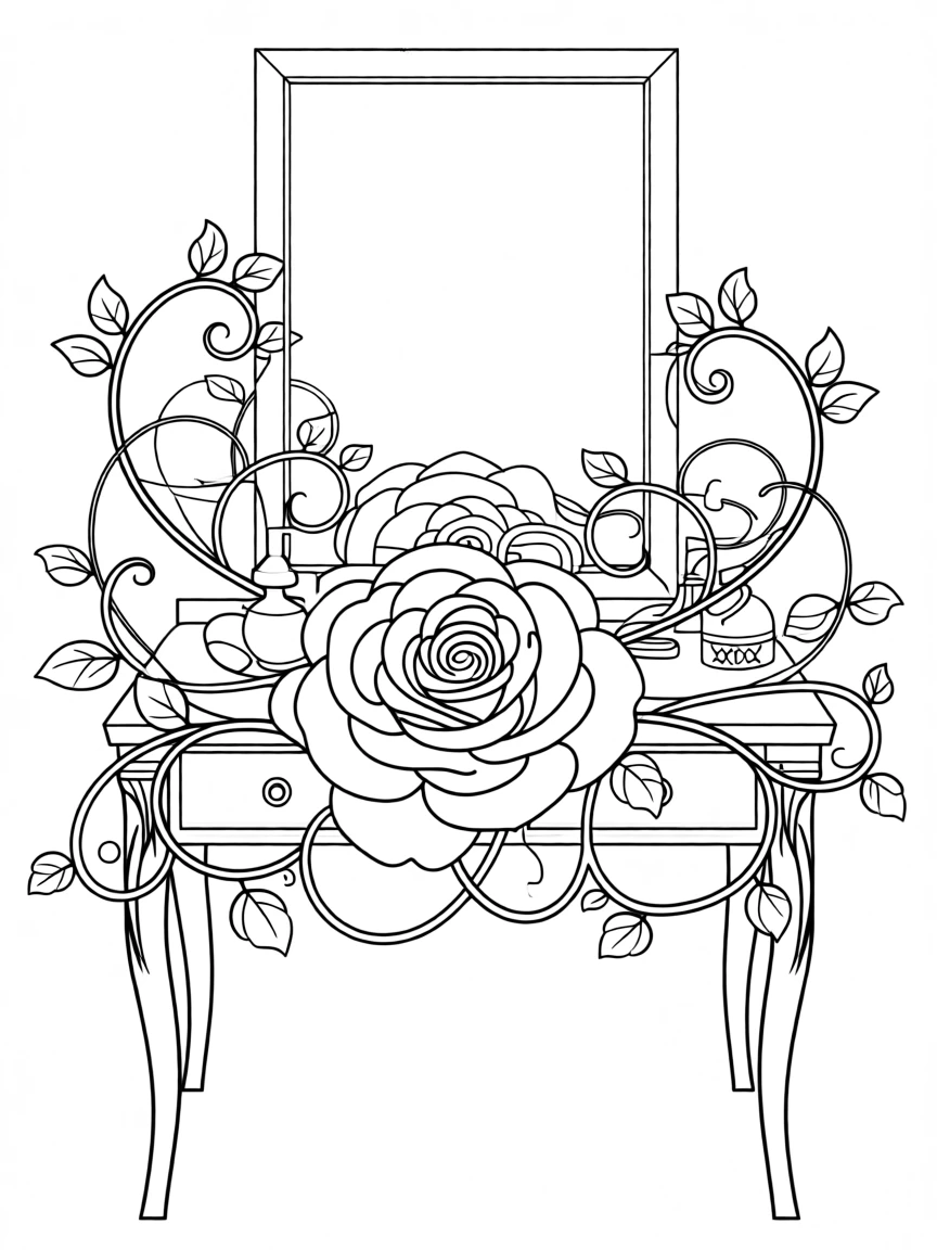 A tattoo design of a blooming rose wrapped in vines, arranged neatly on a vanity with a mirror nearby.