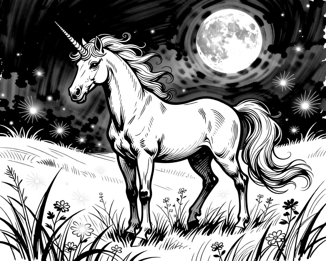 A unicorn standing in a moonlit meadow surrounded by glowing fireflies.
