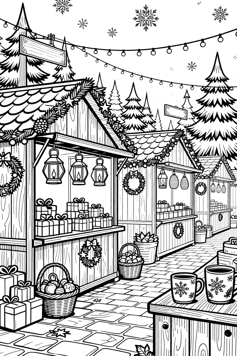 A Christmas market scene with wooden stalls and glowing lanterns.