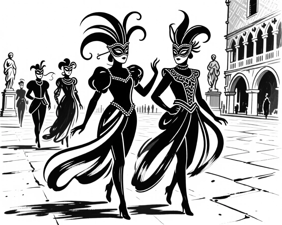 A Venetian carnival masquerade with elaborately masked figures in the piazza.