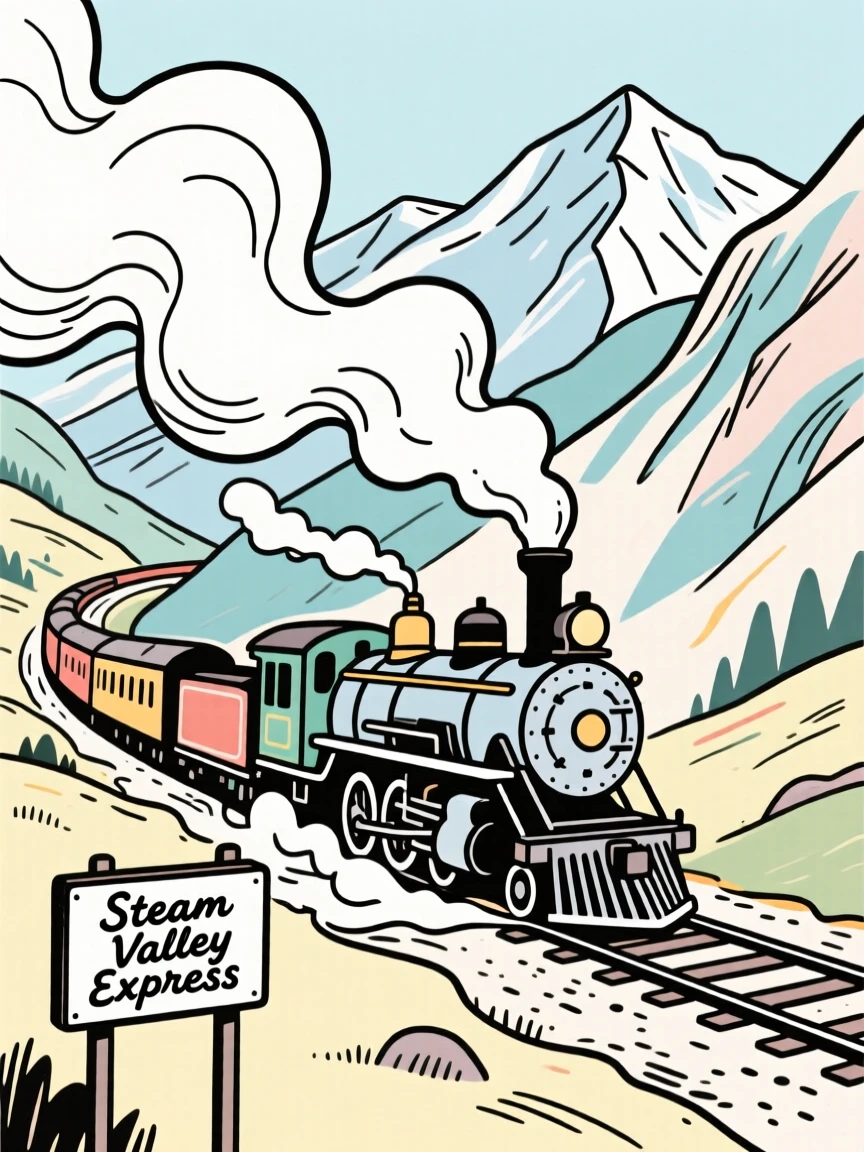 A steam locomotive chugging through a mountain valley with billowing smoke.