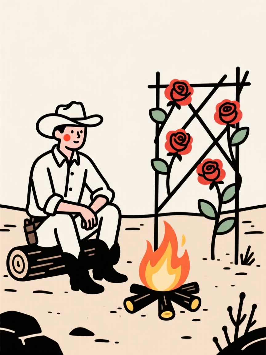 A cowboy at a desert campfire, beside a blooming rose trellis.