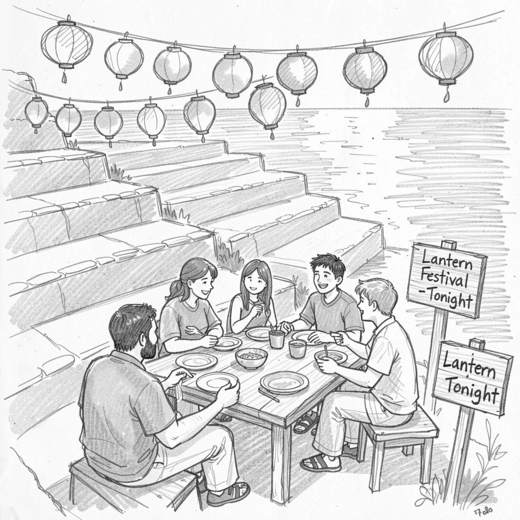 A vibrant cultural scene of friends sharing a meal beneath strings of lanterns on terraced hillsides overlooking the sea, with reflections shimmering on calm water.