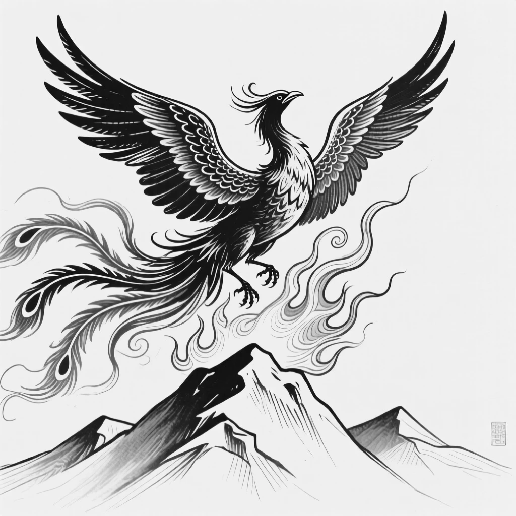 A phoenix rising in a burst of flame above a mountain silhouette.