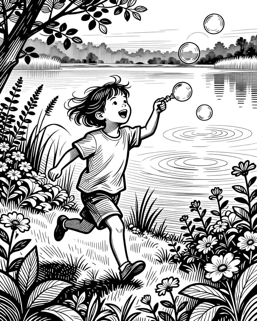 A child chasing bubbles in a garden beside a tranquil lake at dawn, with a gentle breeze moving through their hair, creating a warm and heartfelt lifestyle scene.