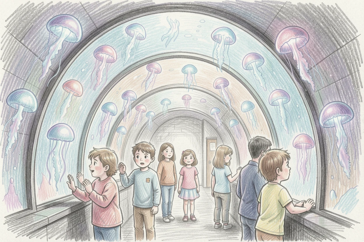 An aquarium tunnel filled with glowing jellyfish and curious visitors, with a gentle play of light and shadow across the composition, capturing a quiet story that lingers with the viewer.