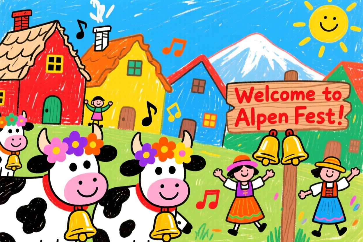 An Alpine village celebrating with cowbells and flower-crowned cattle.