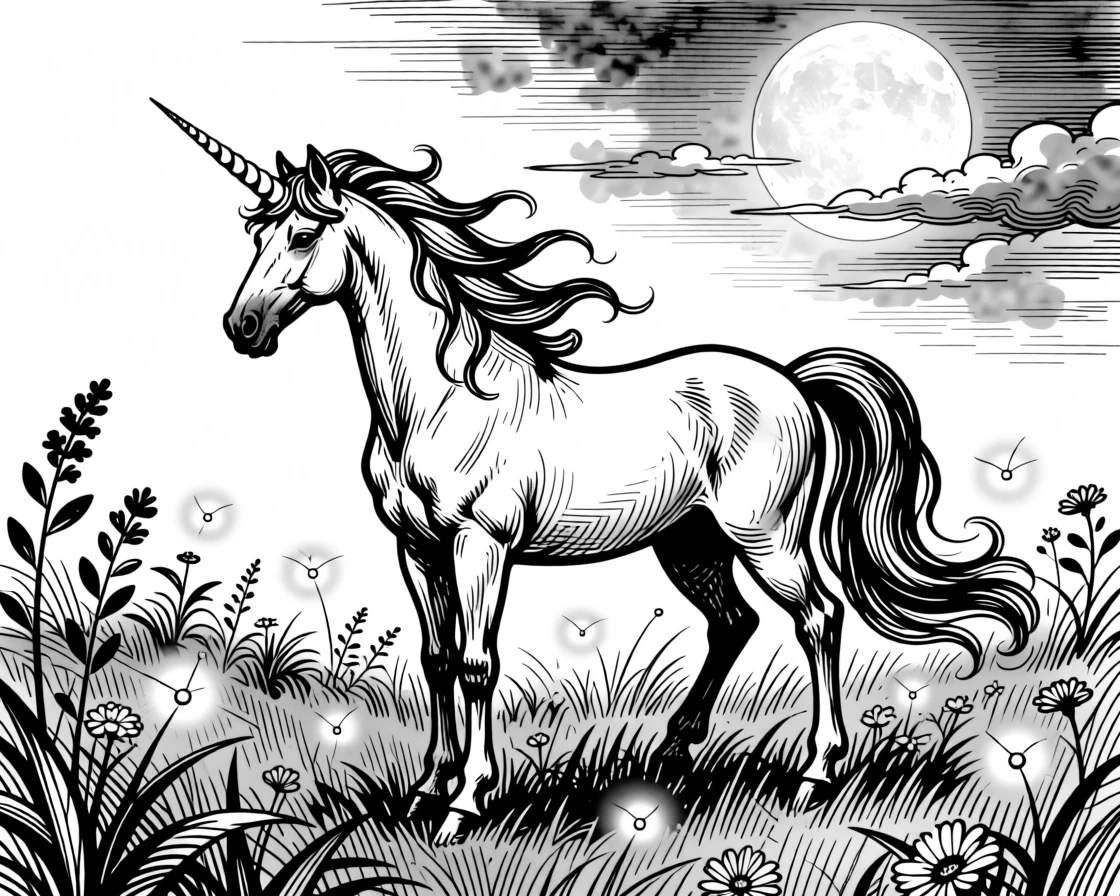 A unicorn standing in a moonlit meadow surrounded by glowing fireflies.