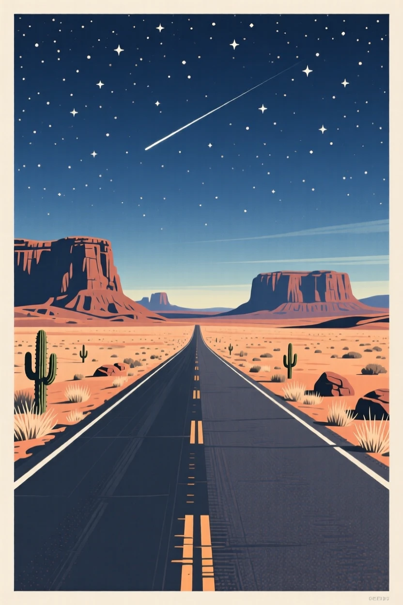 A scenic desert road stretching toward distant mesas, under a starlit evening sky, framed with a sweeping wide-angle perspective, with a nostalgic, postcard-like charm.