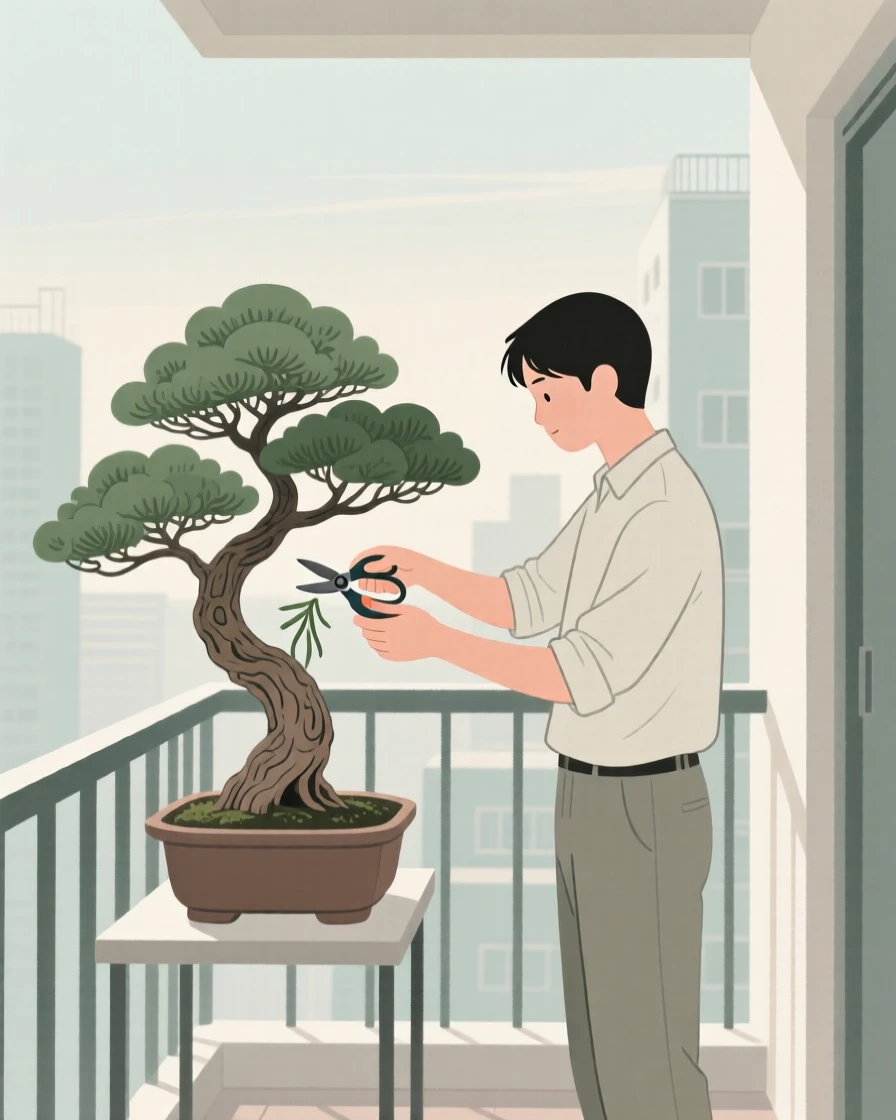 A person tending a bonsai tree in a small balcony.