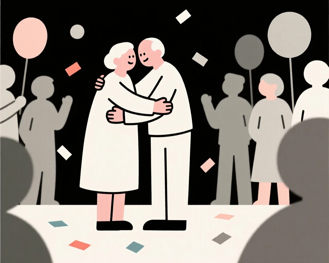 An old friend reunion standing in a crowded celebration, embodying a feeling of bittersweet farewell, with scattered confetti nearby.