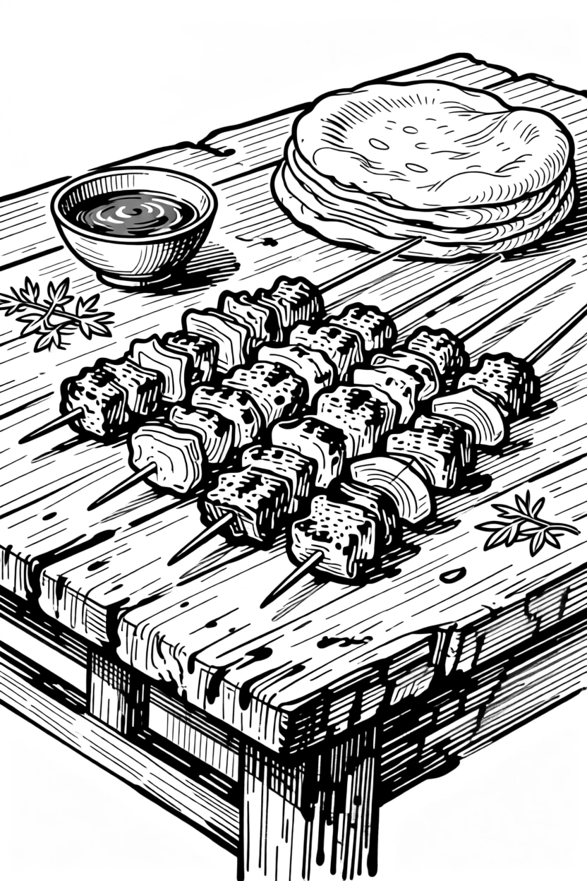 A rustic table with a spread of grilled kebabs and warm flatbread.
