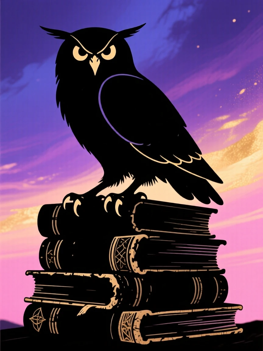 A wizard's familiar owl perched on a stack of ancient spellbooks.