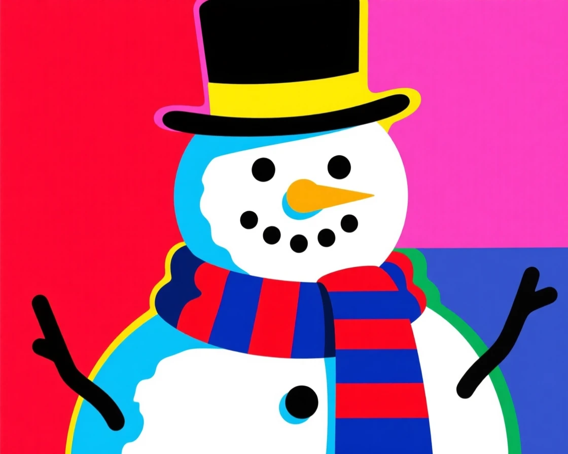 Snowman wearing a striped scarf and top hat