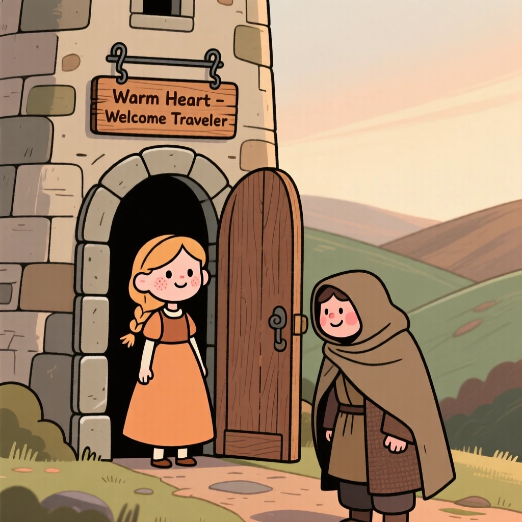 A young princess stands at the door of a stone tower tucked into a quiet valley, welcoming a weary traveler inside from the cold.