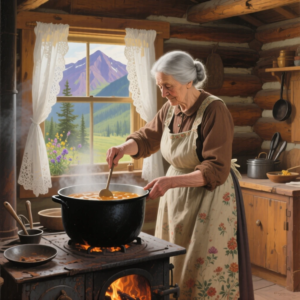 A centered composition of a grandmother stirring a large pot of stew on a wood-fired stove, in a soft summer breeze, in the Canadian Rockies.