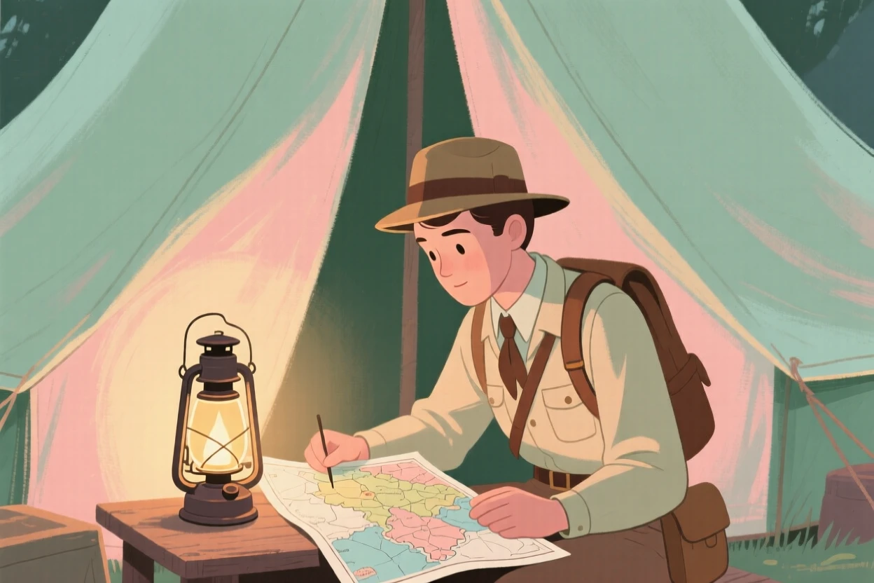 An explorer studying a map by lantern light inside a canvas tent