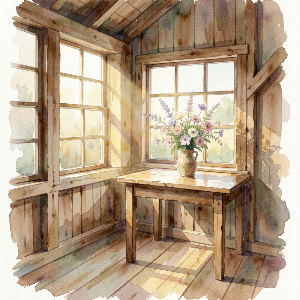 A rustic barn converted into a cozy studio with a vase of fresh flowers on the table.