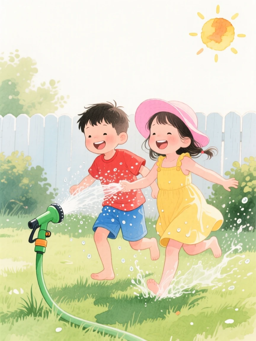 Children splash and play in a backyard sprinkler on a hot summer afternoon, laughter filling the air