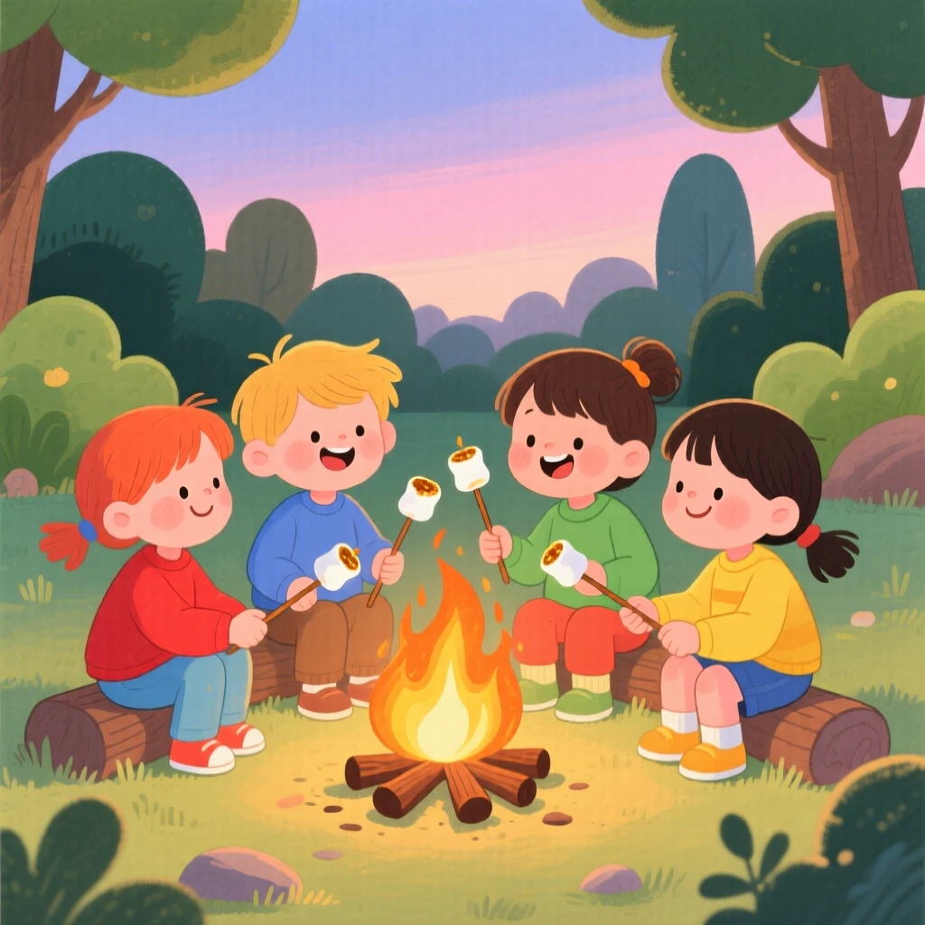 A joyful scene of children roasting marshmallows around a campfire.