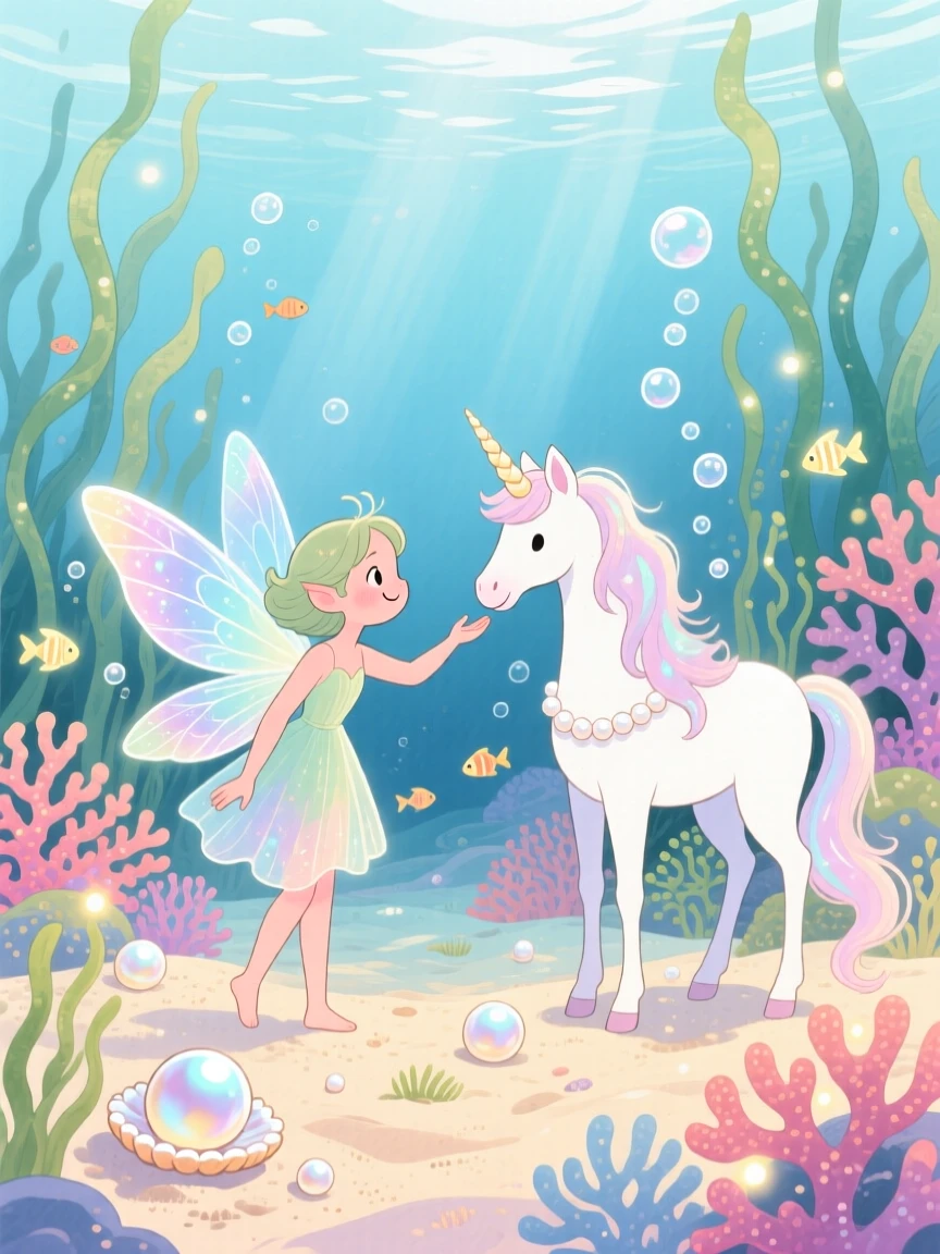 A curious fairy befriending a shy unicorn in an enchanted glade, in an underwater kingdom of coral and pearl, brimming with enchantment and discovery.
