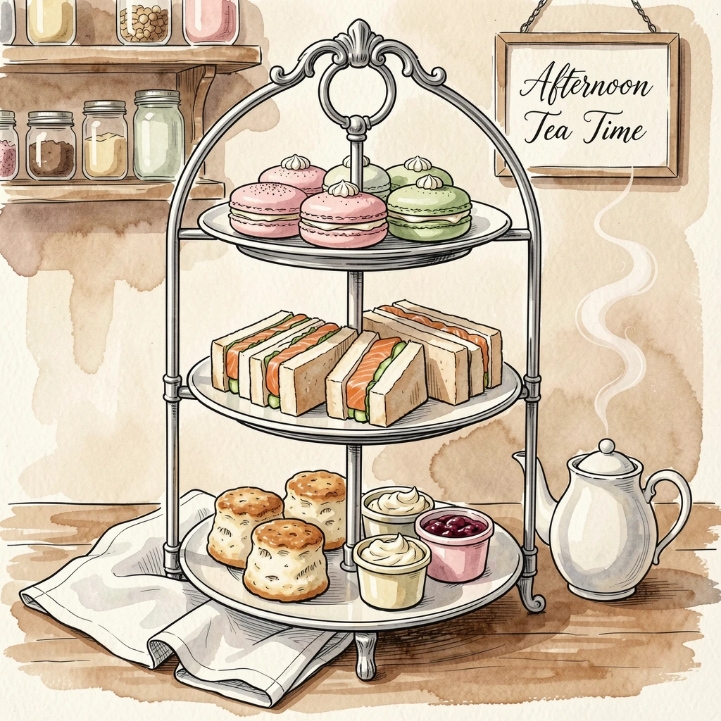 A tiered afternoon tea stand with delicate pastries and finger sandwiches, steam curling gently into the warm kitchen air.