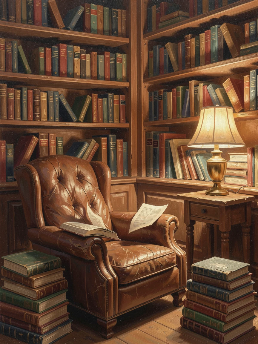 A sunlit reading nook filled with stacked books, beside tall bookshelves reaching to the ceiling, pages of an open book fluttering in a gentle breeze, beneath the warm glow of a single lamp at night.