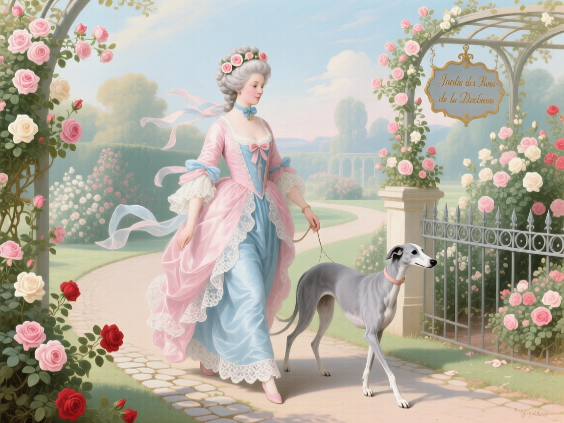 A lady walking two graceful greyhounds through a rose garden  