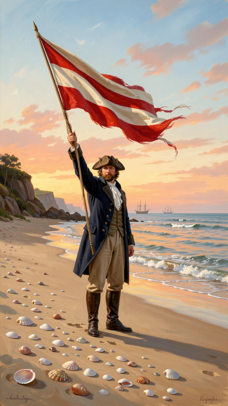 A merchant captain signals from a sandy beach littered with shells at the break of dawn.