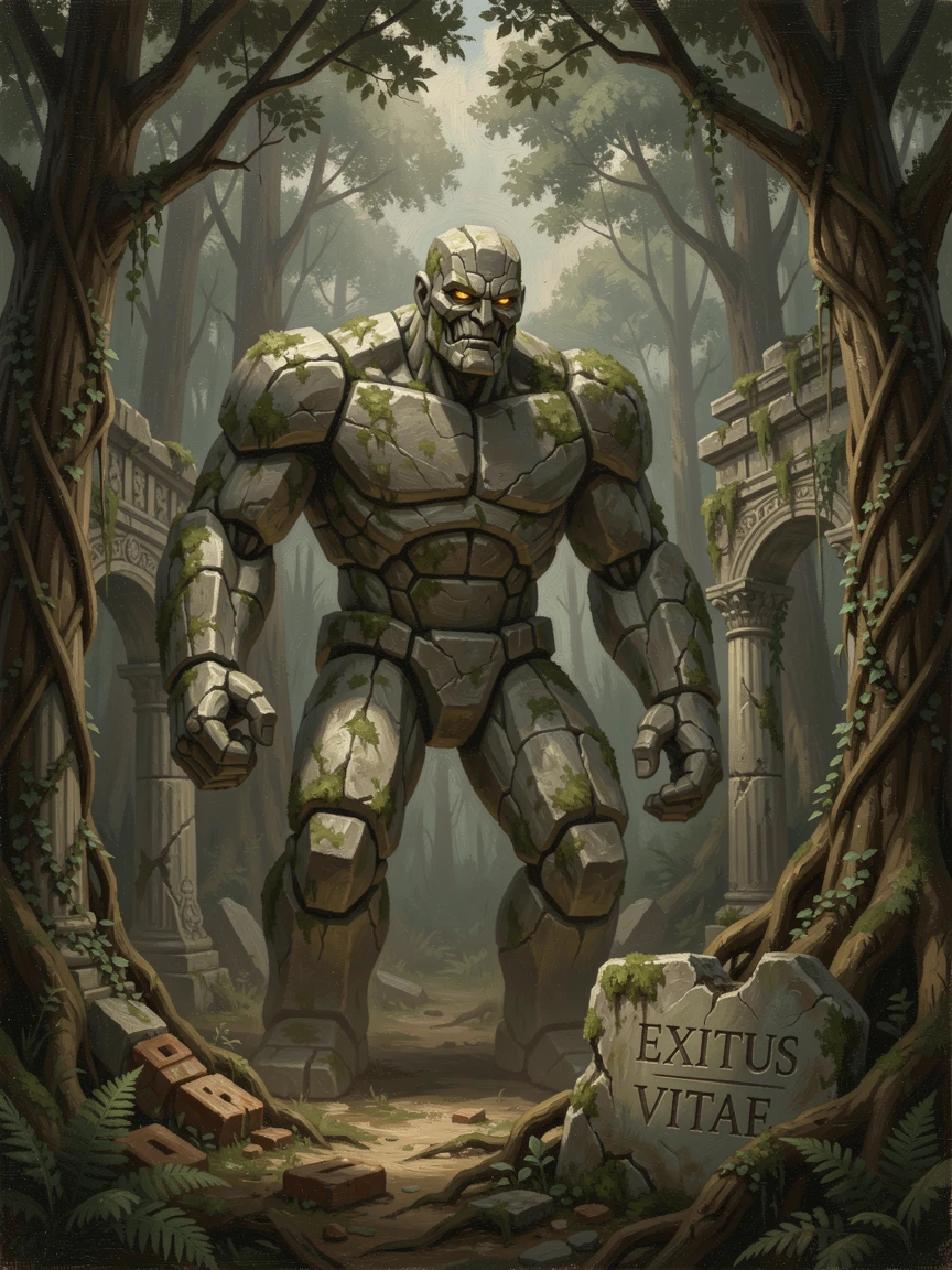 A massive stone golem awakening amid ancient forest ruins, with weathered, realistic detail grounding the fantastical elements, evoking wonder, mystery, and epic storytelling