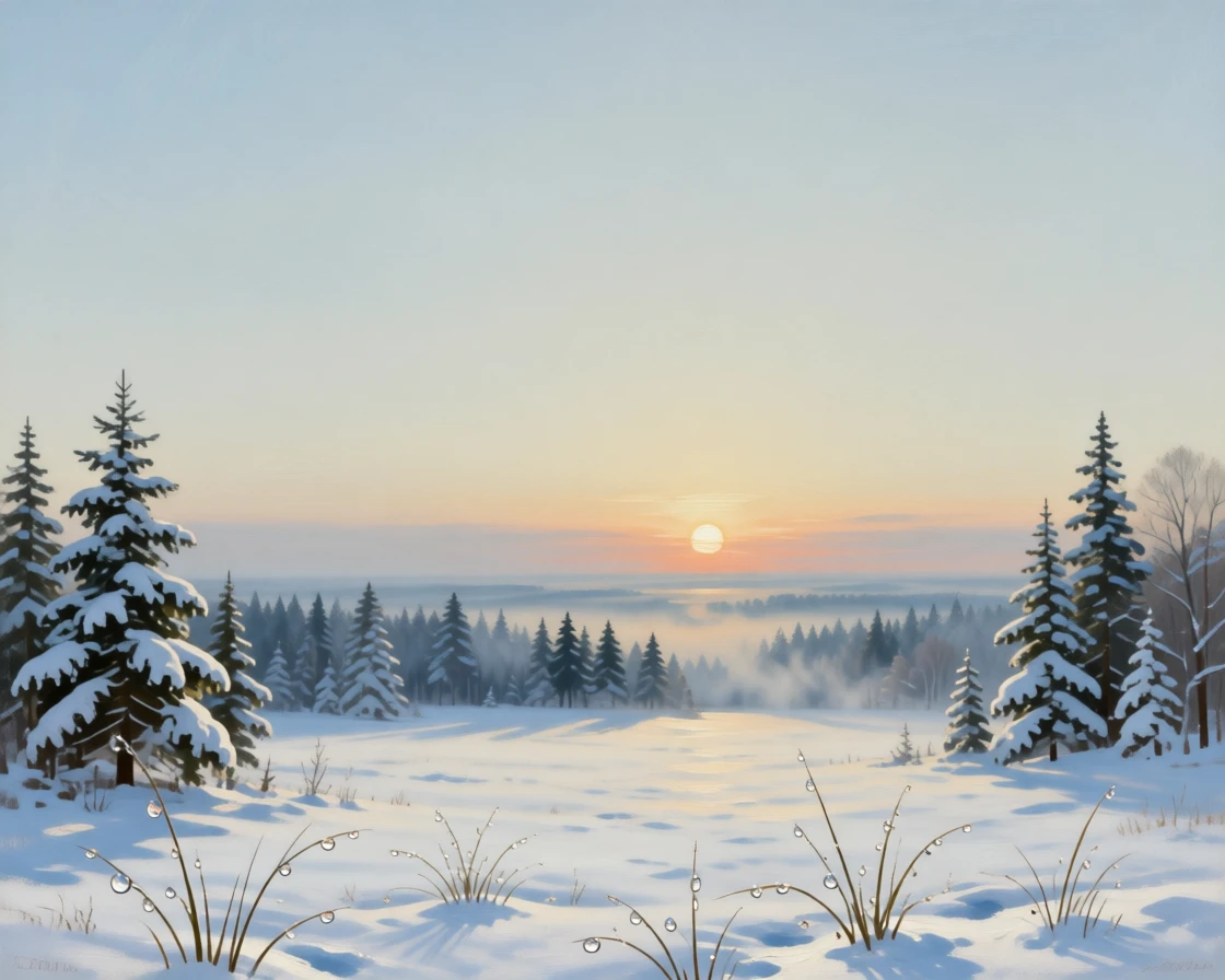A snow-covered forest clearing beneath a pale winter sun stretching endlessly toward a hazy, distant horizon, set far from any signs of human presence, with dew still clinging to blades of grass in the early light; a low horizon line gives dramatic weight to an expansive sky, filled with calm, restorative beauty.