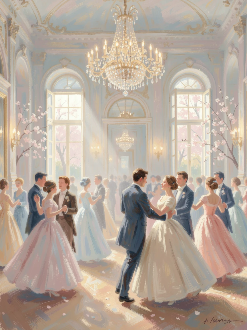 A grand ballroom filled with elegantly dressed dancers beneath a sparkling chandelier in the 1800s, just as the first blossoms of spring appear, evoking a sense of peace and quiet wonder.