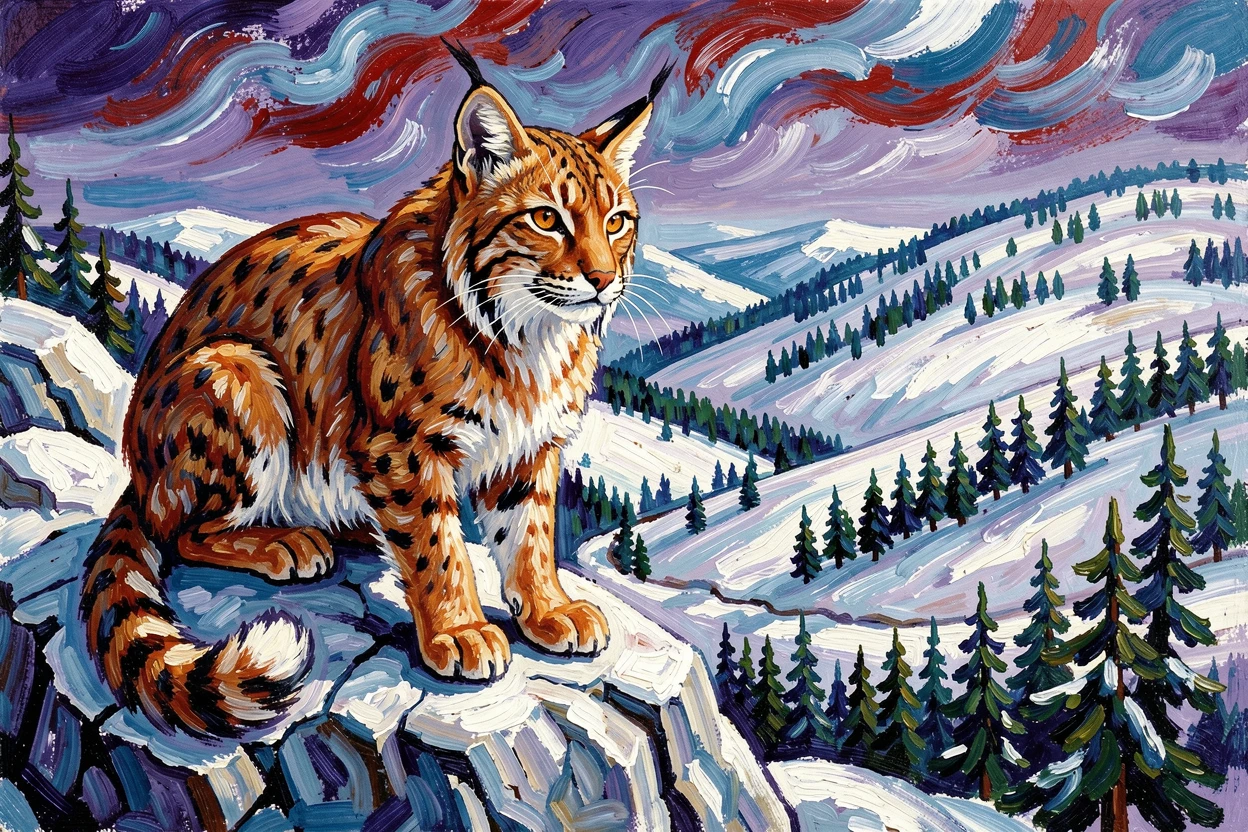 A wild lynx perched on a snowy boulder, watching intently over a quiet valley.