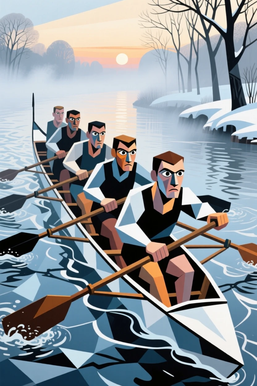 An energetic scene of a rowing team gliding across a misty river at dawn, captured on a crisp winter morning.