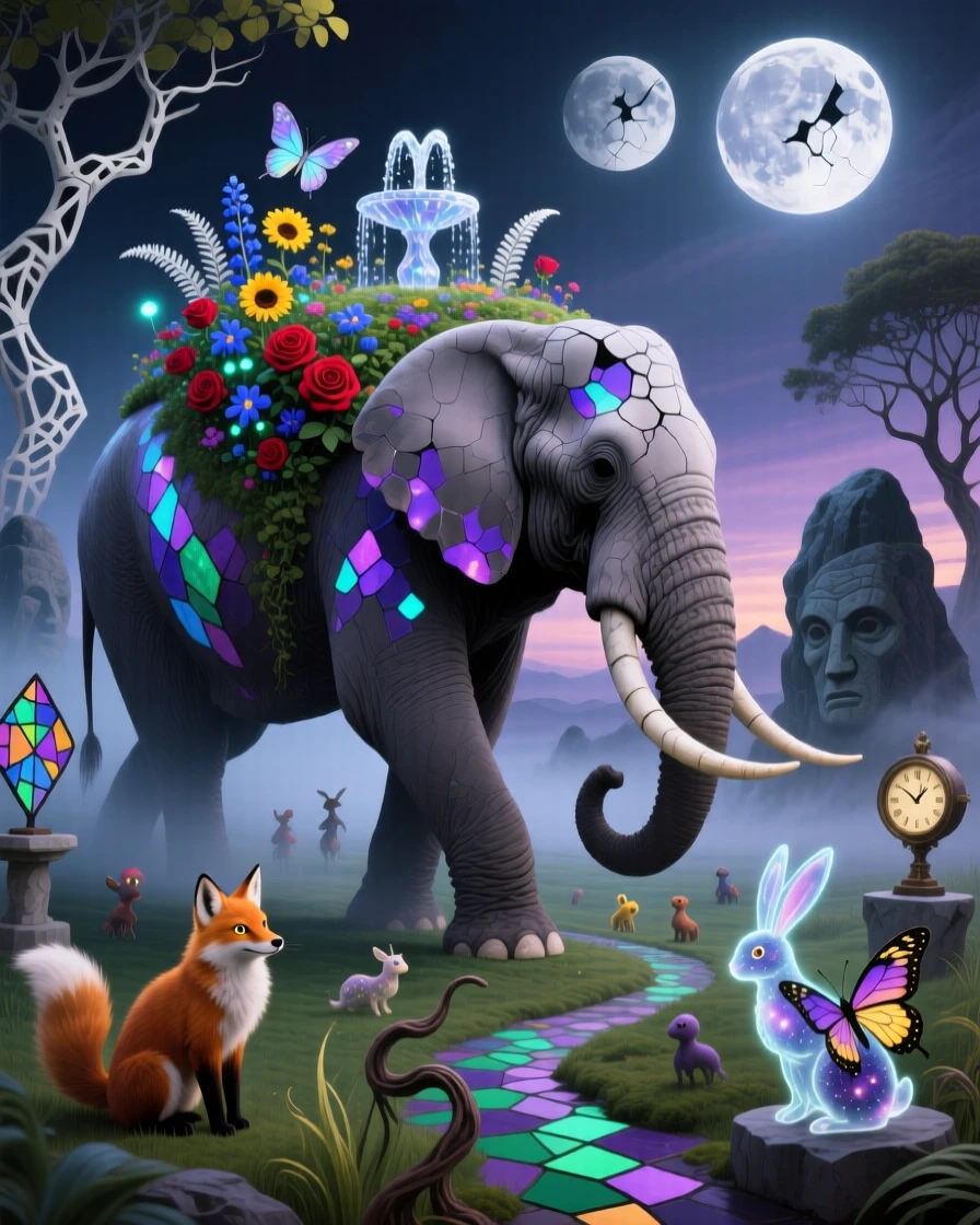 An elephant with a tiny blooming garden growing upon its back moves gracefully through a hushed, dreamlike landscape, as small creatures pause to watch it pass by in silence.