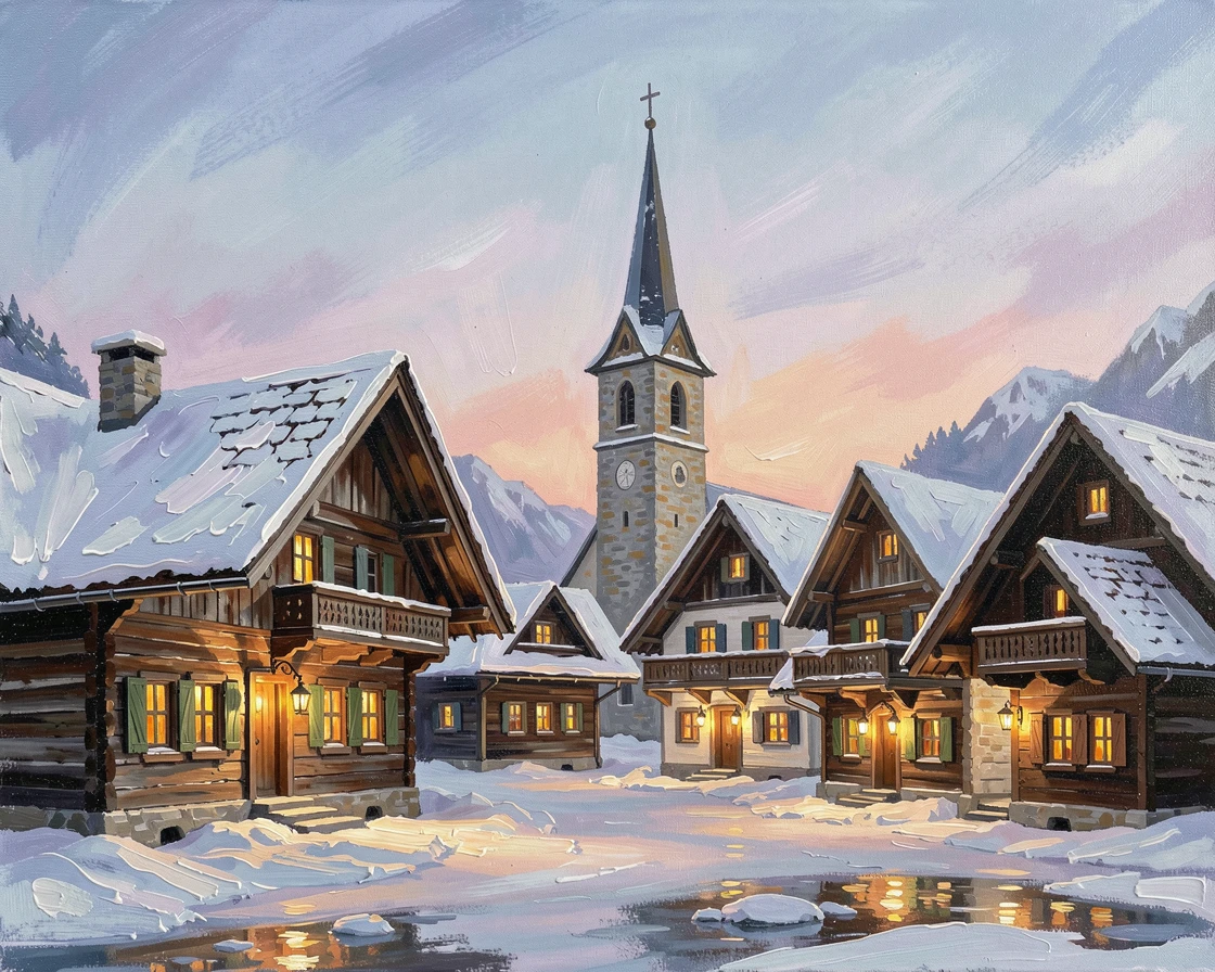 A snow-dusted alpine village in Austria shows wooden chalets with steep roofs clustered around a church spire, warm lights glowing in every window at dusk, small architectural details rewarding a closer look at the surrounding structures.