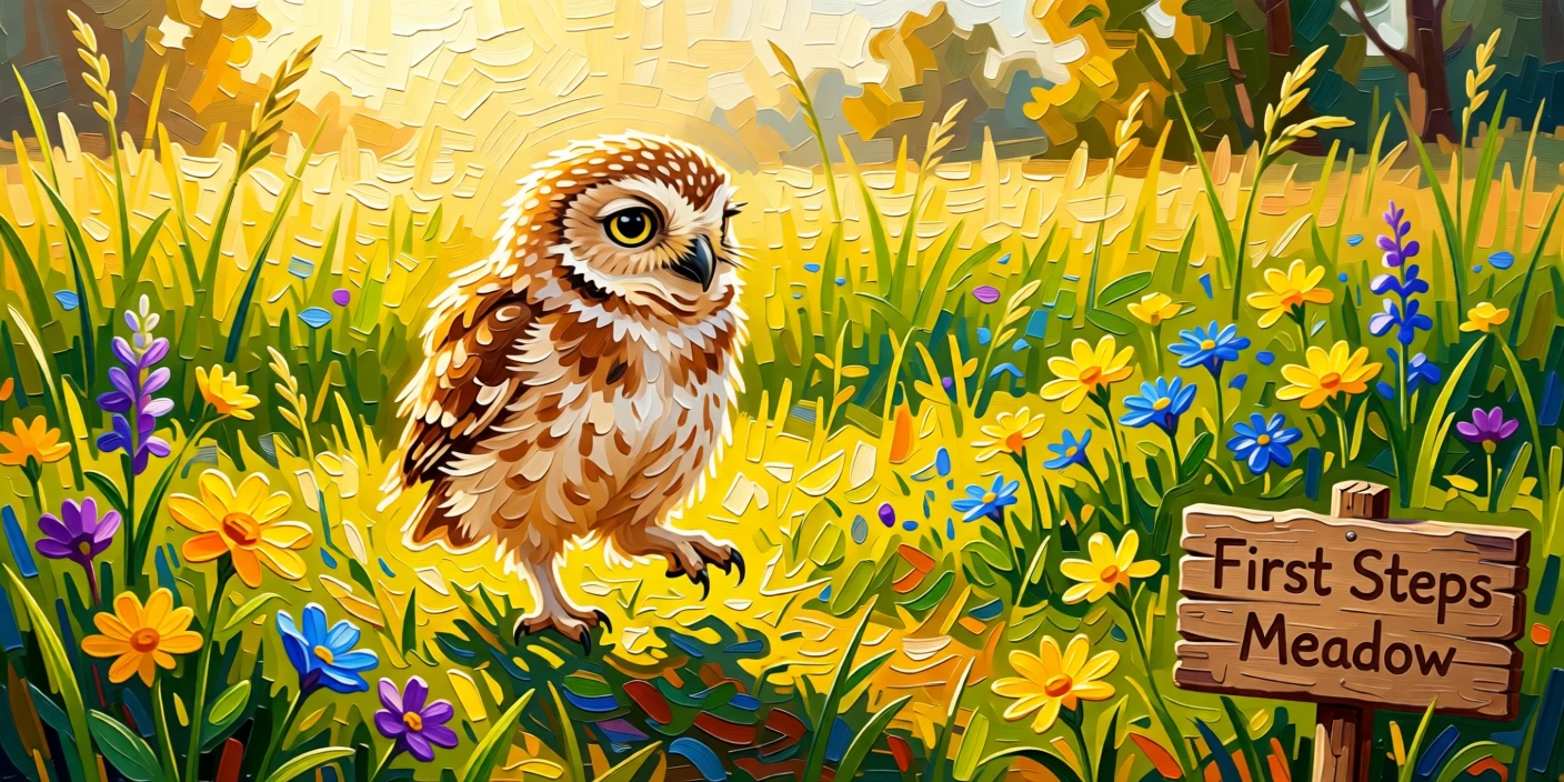 A heartwarming photo of a baby owl taking its first wobbly steps in a sunlit meadow