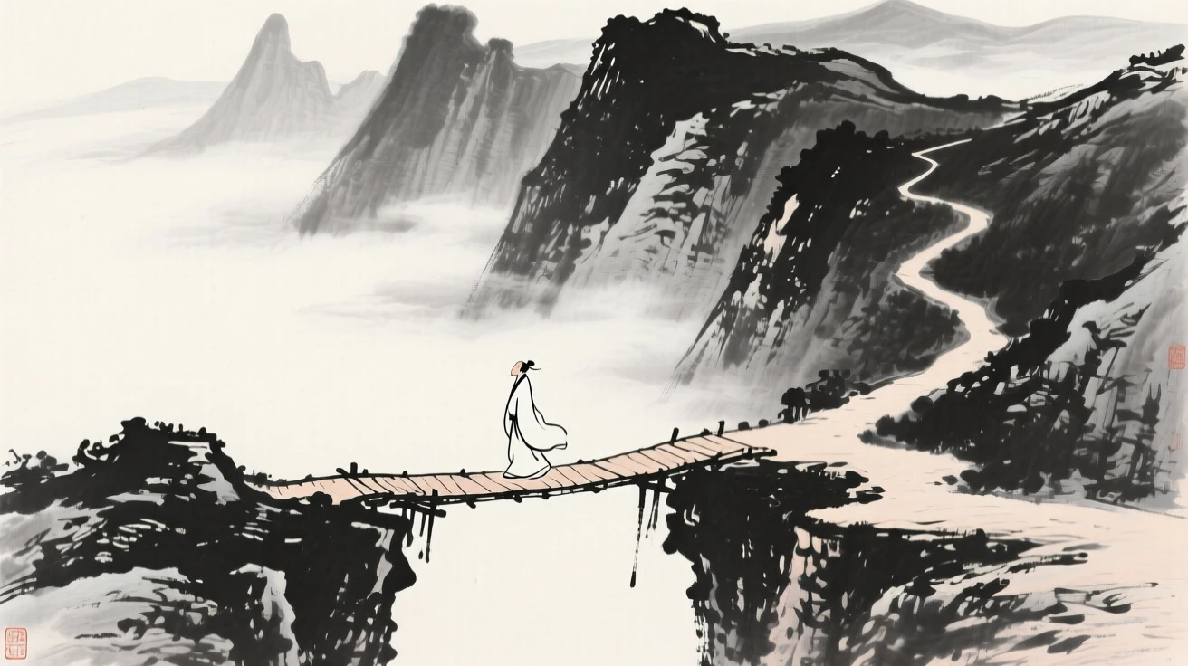 A lone figure crosses a narrow bridge deep in the mountains, as clouds drift below the mountain path.