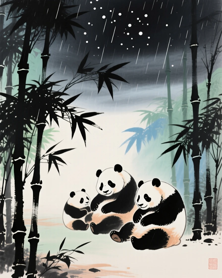 A bamboo grove home to a family of pandas at rest, under a sky full of stars, in a gentle drizzle.