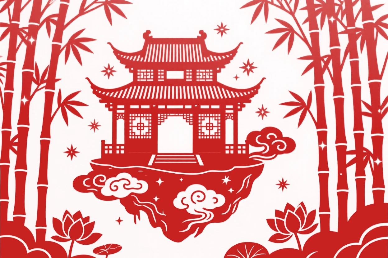 A floating island temple, woven through a forest of impossibly tall bamboo, shimmering as if woven from starlight itself.