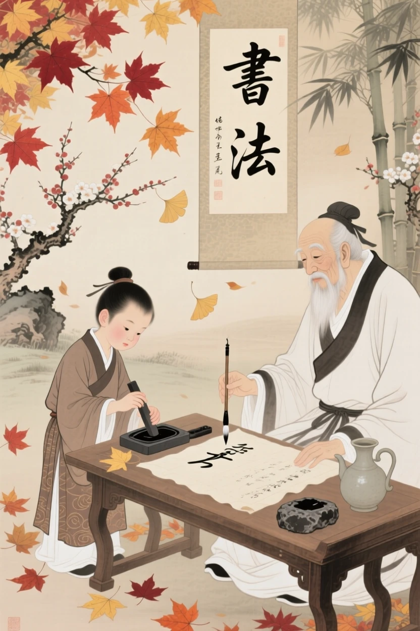 A young apprentice grinding ink for a master calligrapher, surrounded by falling autumn leaves
