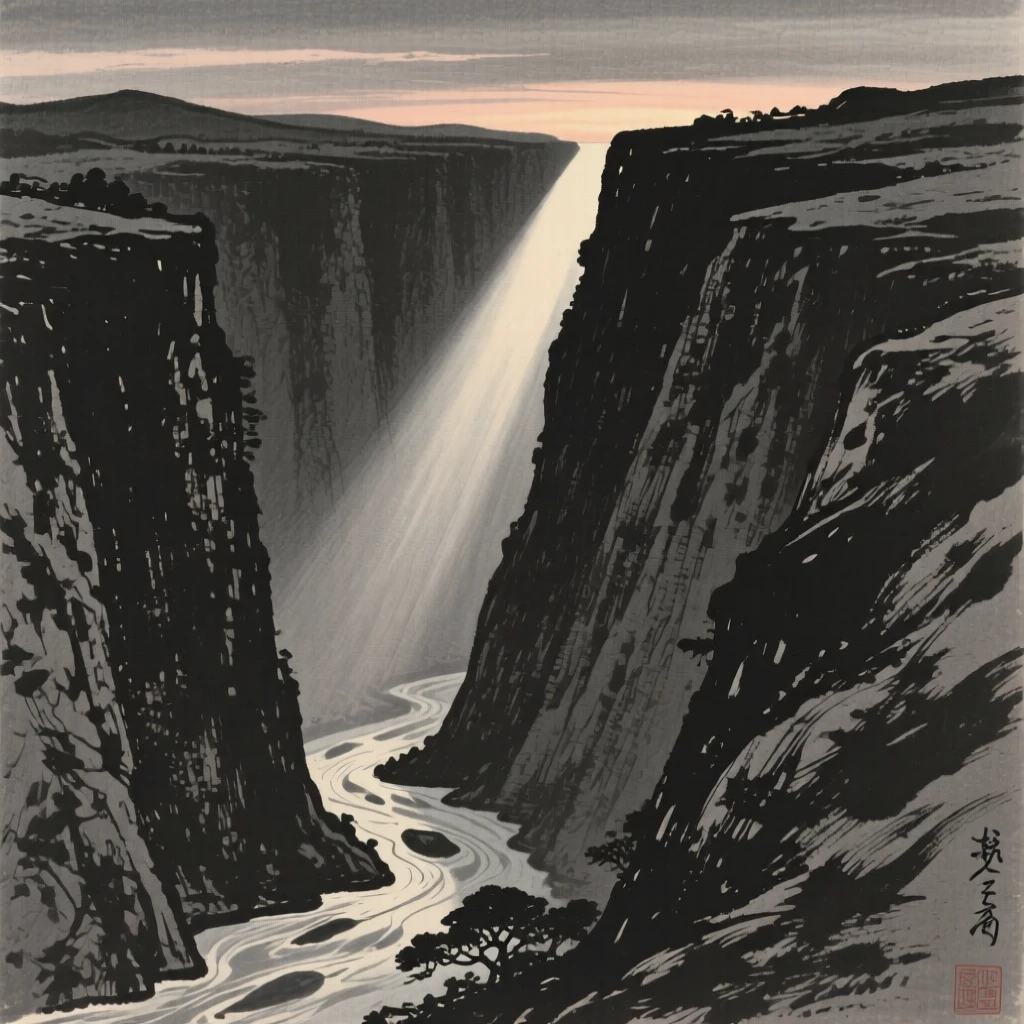 A narrow canyon lit by a single shaft of daylight as evening shadows stretch long across the land, viewed from a high vantage point looking down across the whole scene, conveying calm reflection and gentle isolation.